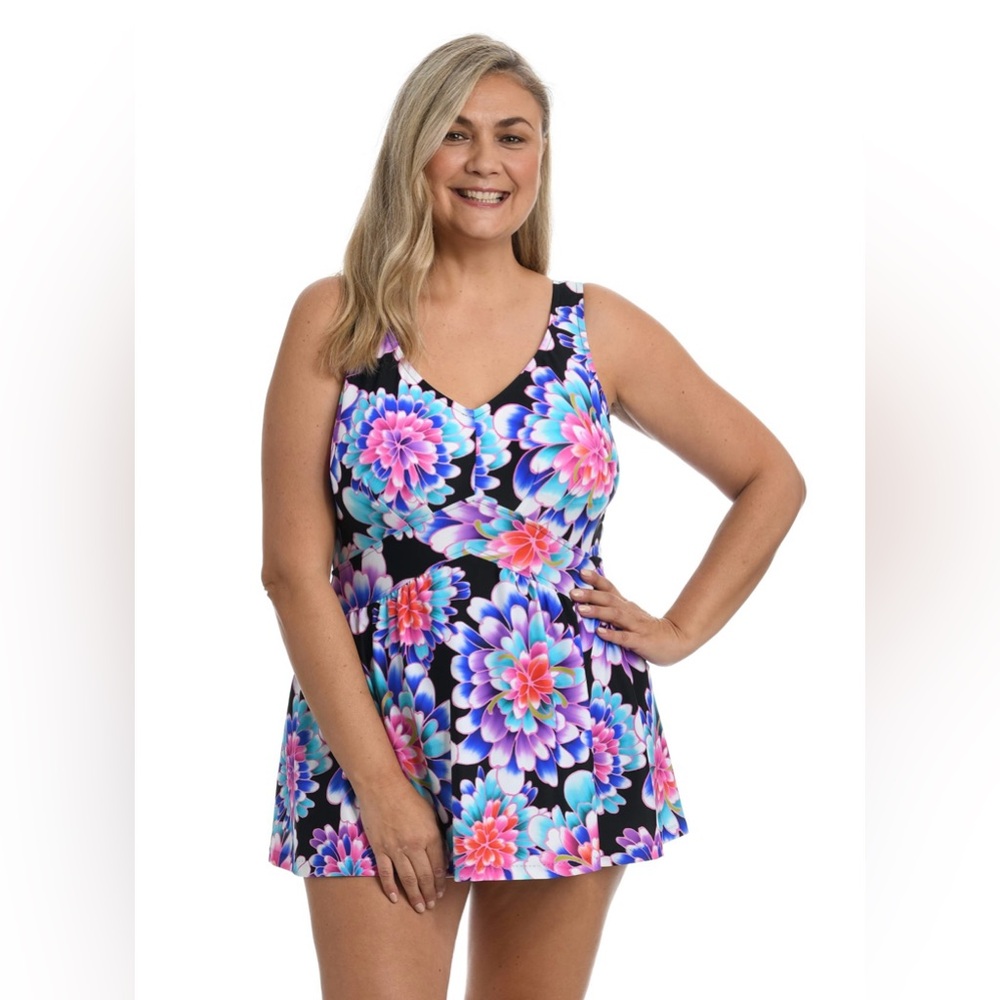 EUC Maxine of Hollywood Women’s Mum’s the Word Empire One-Piece Swim Dress SZ 12 - Picture 3 of 16